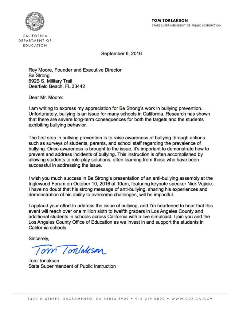 California Department of Education Letter - Torlakson Support Letter | Be Strong