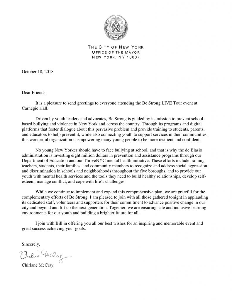 The City of New York Office of the Mayor - Chirlane McCray Support Letter | Be Strong